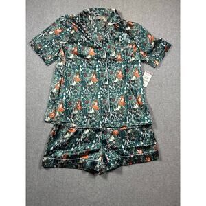 Their Nibs Satin Shortie Pyjama Set Women's Large Green Owl Mushroom Floral